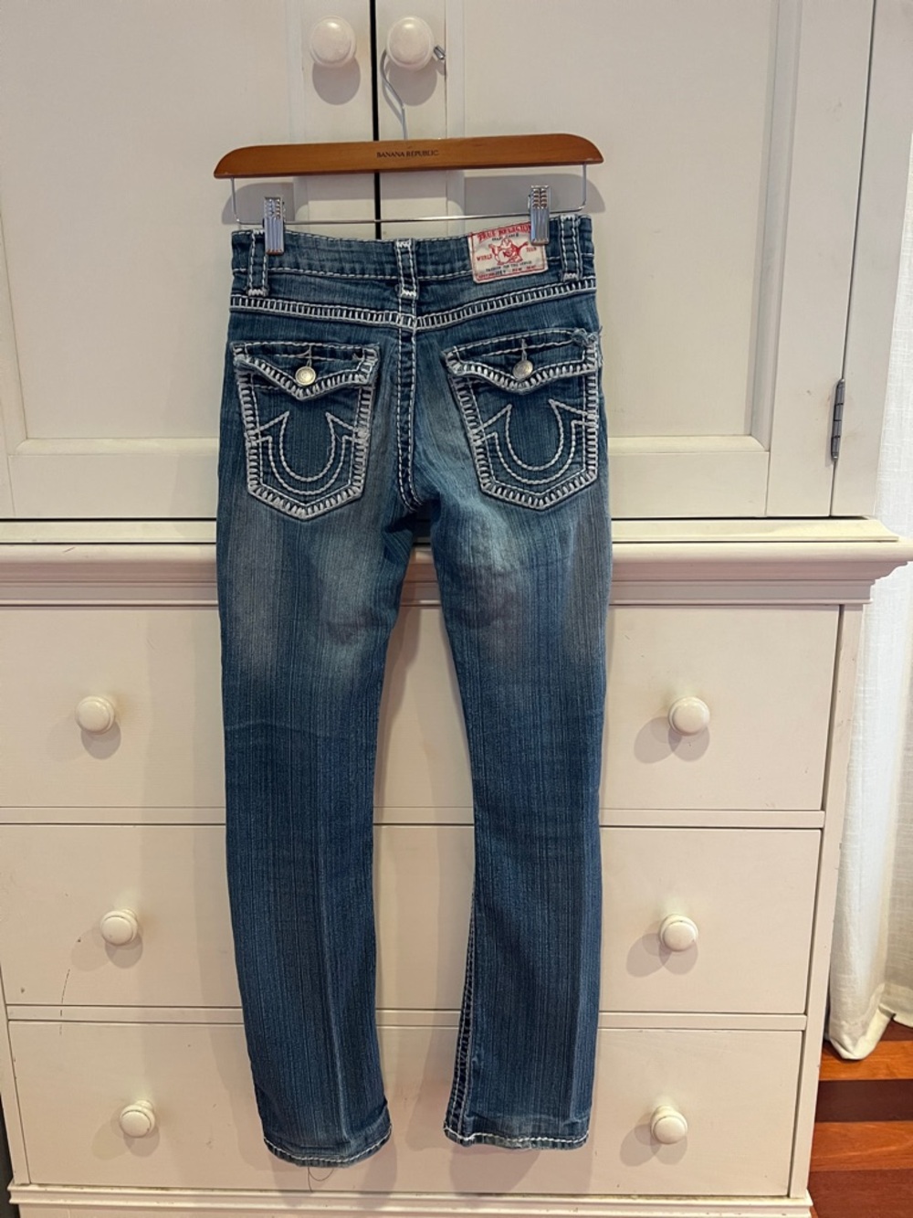 True Religion Women's Blue Straight Leg Jeans with Signature Pocket Stitching